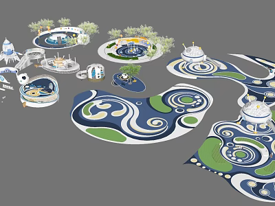 Children's Play Area With Circular Zones Curved Paths Green Lawns And Play Structures 3d model