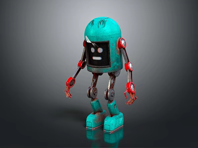 Turquoise Robot Character With Black Face Screen Red Joints And Metallic Body 3d model