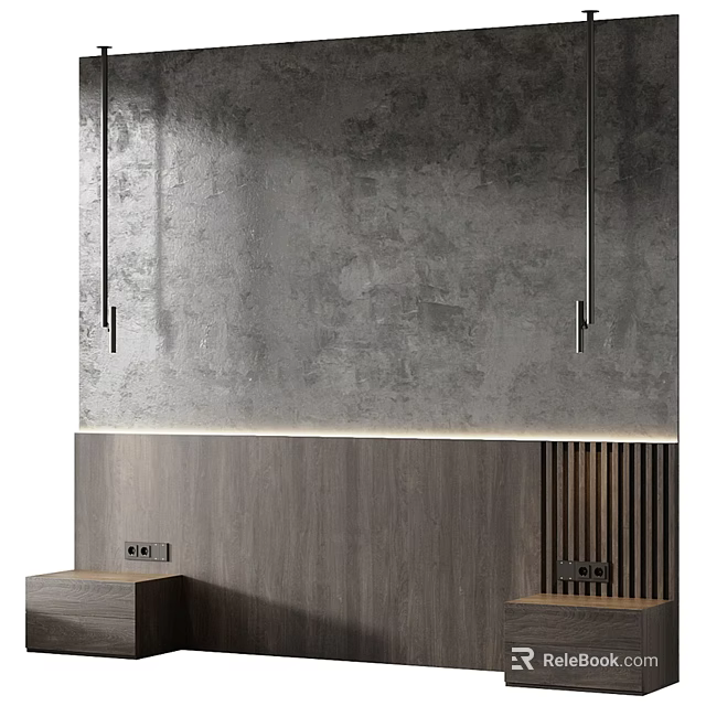 Modern Bed Accent Wall With Concrete Texture Wooden Panel And Linear Light 3d model