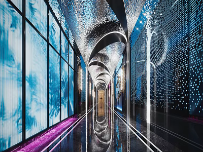Modern KTV Corridor Interior With Mirrored Surfaces And Colorful Lighting Ambiance 3d model