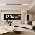 Modern Living Room Interior Design With Beige Sofa Round Coffee Tables And Large Window