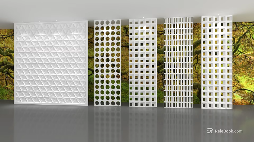 Modern Activity Display Wall With White Perforated Panels And Various Patterns 3d model