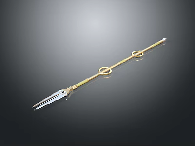Golden Trident Weapon Design With Long Pole Circular Decorations And Three Pronged Head 3d model