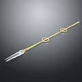 Golden Trident Weapon Design With Long Pole Circular Decorations And Three Pronged Head