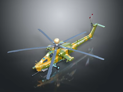 Detailed Green Yellow Camouflage Military Helicopter Model With Rotors And Tail Fin 3d model