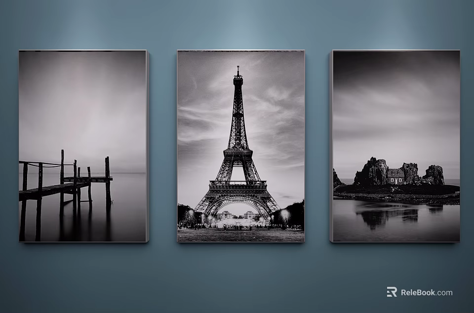 Three Black and White Landscape Paintings With Eiffel Tower Pier And Rocky Coast Wall Art 3d model 
