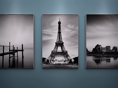 Three Black and White Landscape Paintings With Eiffel Tower Pier And Rocky Coast Wall Art 3d model