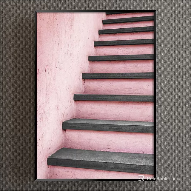 Pink Wall Staircase With Black Steps And Textured Surface Design 3d model 