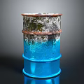 Rusted Blue Oil Barrel With Weathered Surface And Metallic Finish Against Dark Background