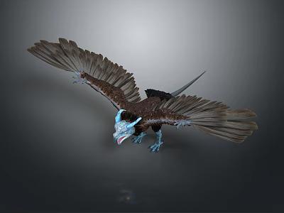 Mythical Creature 3D Render With Outstretched Brown Wings Blue Head In Flying Pose 3d model