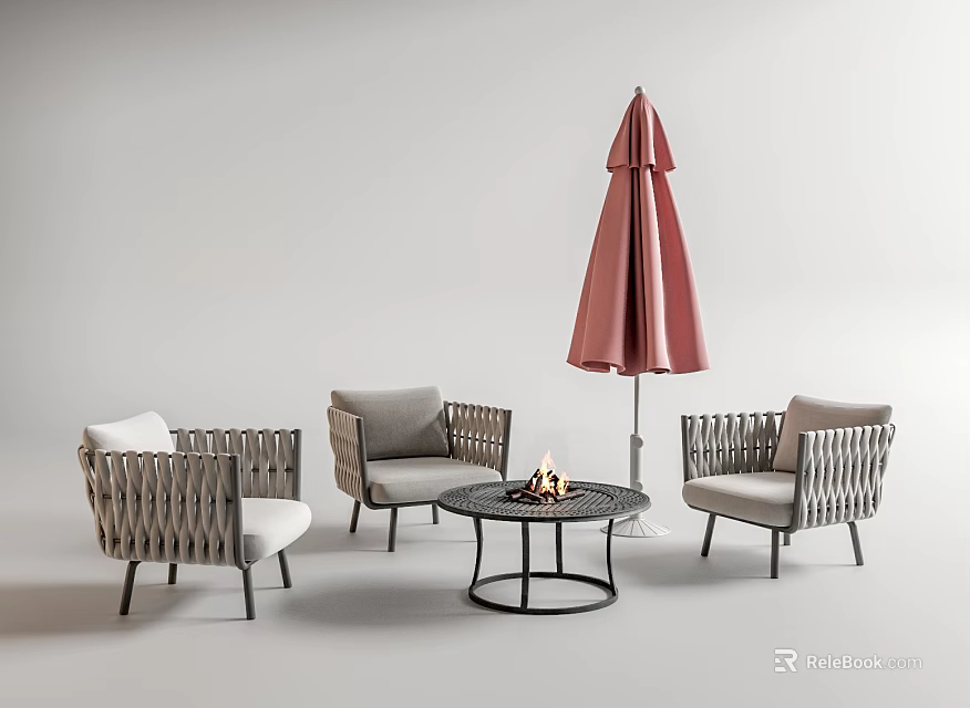Outdoor Wicker Sofa Set With Armchairs Fire Pit Table And Pink Umbrella 3d model 