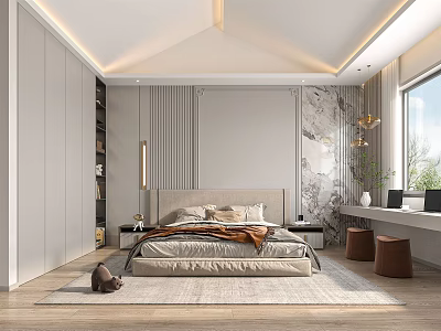 Modern Bedroom Interior Design With King Bed White Wardrobe Marble Wall Wooden Floor And Rug 3d model