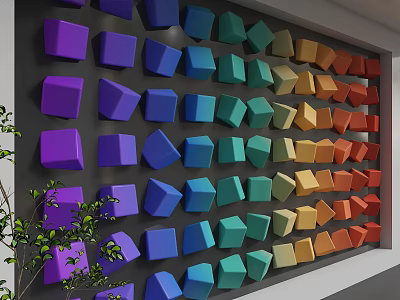 Colorful 3D Cube Decorative Wall with Purple Blue Green Yellow Orange and Green Plants 3d model