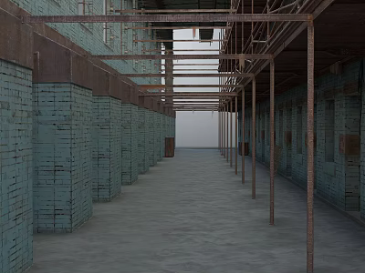 Abandoned Factory Interior Long Corridor with Teal Brick Walls Rusted Metal Scaffolds Gray Concrete Floor 3d model