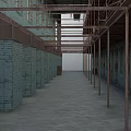 Abandoned Factory Interior Long Corridor with Teal Brick Walls Rusted Metal Scaffolds Gray Concrete Floor