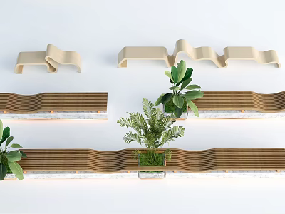 Modern Outdoor Chairs With Wavy Design And Potted Green Plants 3d model