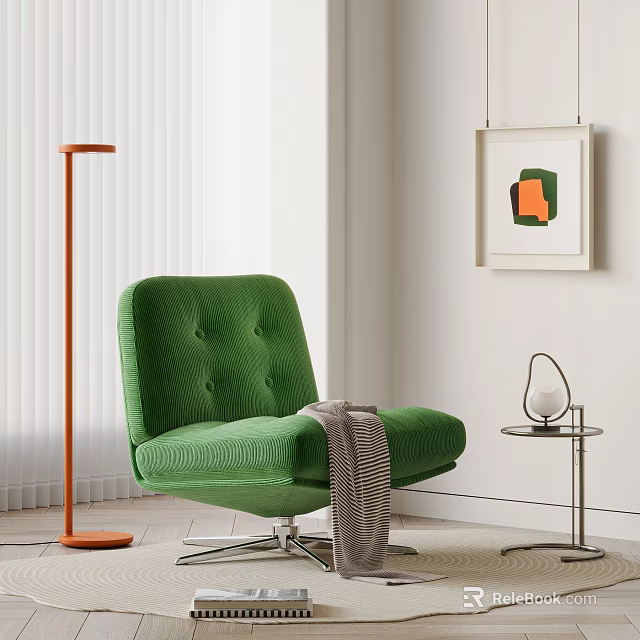 Green Quilted Velvet Accent Chair Interior With Floor Lamp Side Table And Wall Art 3d model 