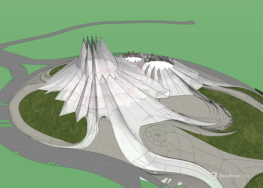 Modern Architectural Design With Unique Geometric Structure And Green Lawn Pathways 3d model