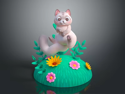 Cute 3D Cartoon Squirrel Model On Green Grass With Yellow Pink Flowers And Leaves 3d model