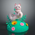 Cute 3D Cartoon Squirrel Model On Green Grass With Yellow Pink Flowers And Leaves