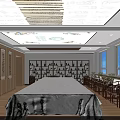 Traditional Chinese Study Room With Long Table Wooden Bookshelves And Calligraphy Scrolls