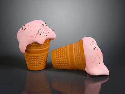 Pink Ice Cream Topped Waffle Cones With Chocolate Sprinkles On Dark Background 3d model
