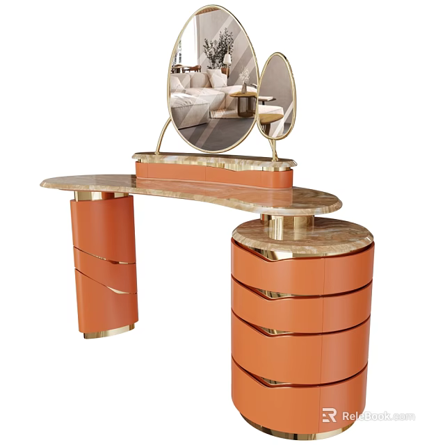 Elegant Modern Orange Gold Dressing Table With Round Mirror And Drawers 3d model