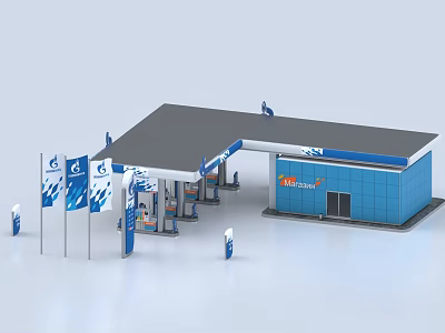 Modern Gas Station Exterior With Blue Building Fuel Pumps Canopy And Flags 3d model