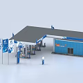 Modern Gas Station Exterior With Blue Building Fuel Pumps Canopy And Flags