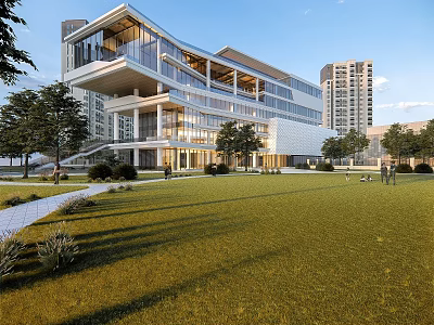 Modern Glass Facade Building With Green Lawn Trees And High Rise Background 3d model