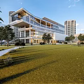 Modern Glass Facade Building With Green Lawn Trees And High Rise Background