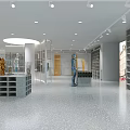 Modern Open Space Clothing Store With Silver Racks Mannequins Display Shelves Blue Columns Terrazzo Flooring