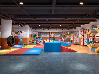 Indoor Kids Fitness Playground With Colorful Mats Climbing Wall And Tire Swing 3d model