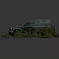 Old Dirty SUV Parked On Wet Ground With Weeds And Ferns Around