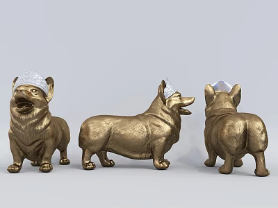 Three Golden Corgi Dog Sculpture Carvings With White Hats And Shiny Metallic Finish 3d model