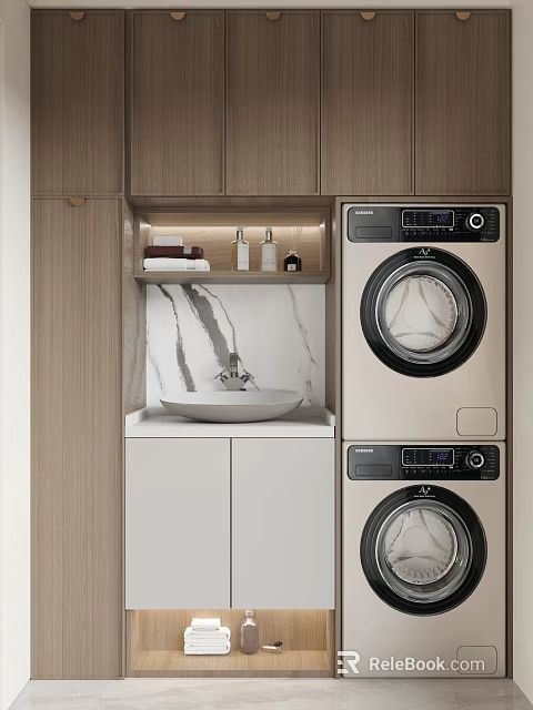 Practical Balcony Cabinet Design With Wooden Cabinetry Washing Machine Sink And Marble Backsplash 3d model 