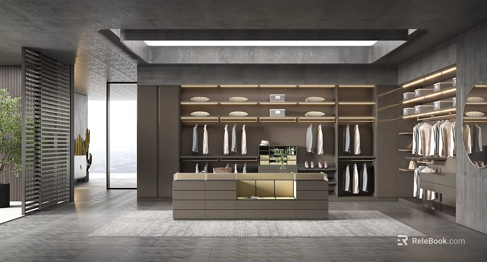 Sleek Modern Walk-in Closet Interior With Hanging Clothes Cabinets Countertop And Shelves 3d model 
