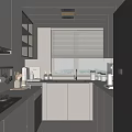 Modern Kitchen Interior With White Cabinets Gray Countertops Window Blinds And Appliances