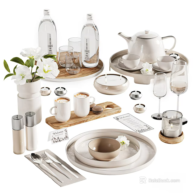 Elegant Dinnerware Set With Teapot Mugs Plates Cutlery And Decor 3d model 