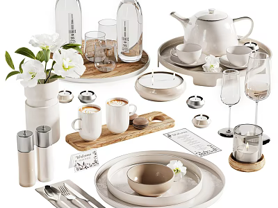 Elegant Dinnerware Set With Teapot Mugs Plates Cutlery And Decor 3d model
