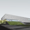 Contemporary Building Exterior Featuring Geometric Facade Large Glass Windows Lawn Trees And Evening Lighting