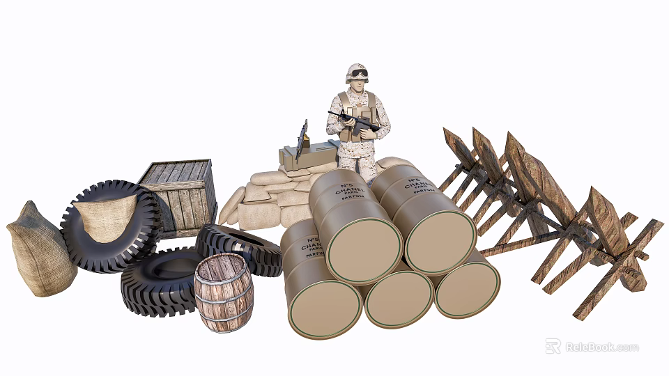 Military Weapon With Soldier Ammunition Boxes Sandbags Barrels Fences And Tires 3d model 