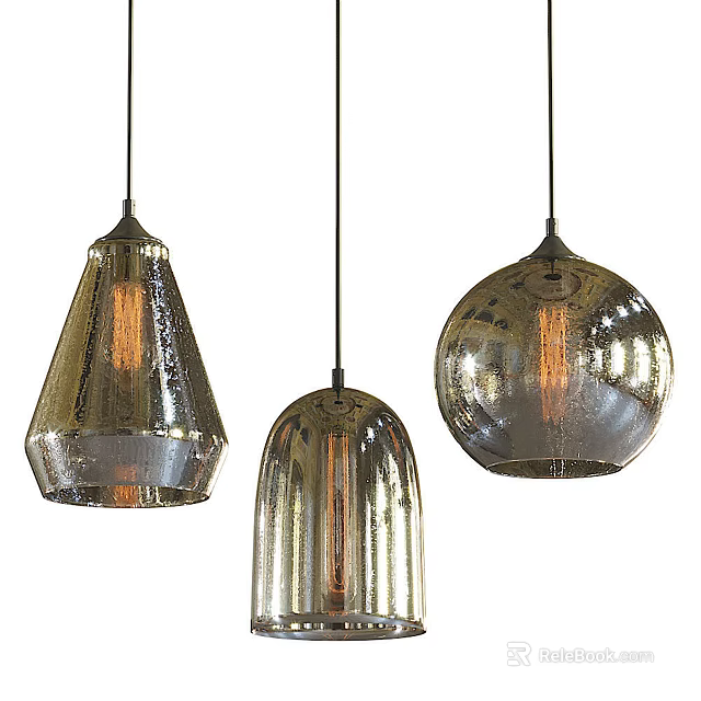 Modern Glass Pendant Lights With Metallic Finish Conical Bell Spherical Shapes And Exposed Warm Bulbs 3d model 