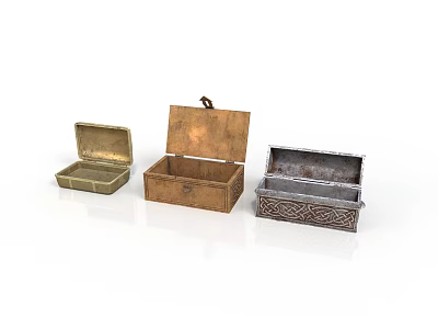 Vintage Decorative Storage Boxes with Brass Wooden and Patterned Metal Designs 3d model