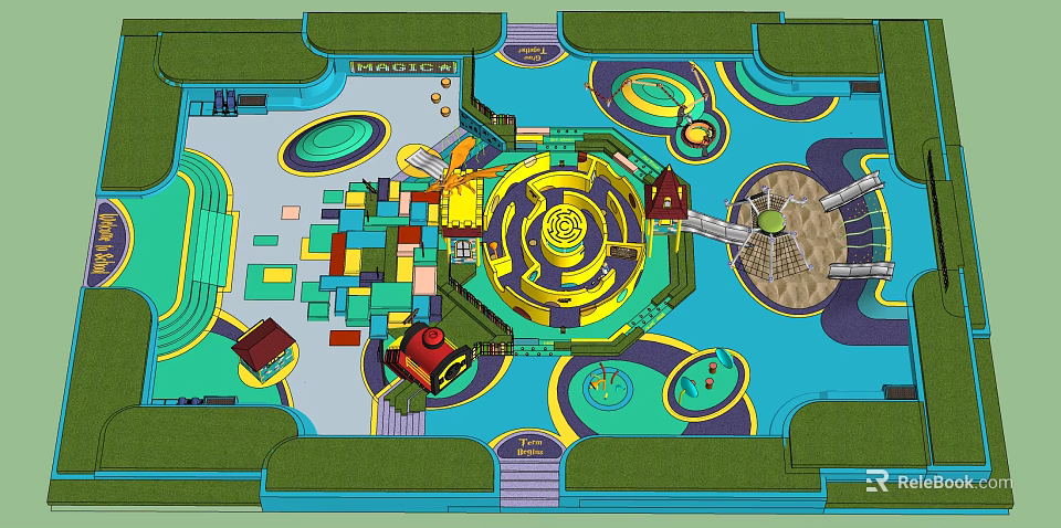 Colorful Children's Play Area Design With Maze Slide Circular Patterns And Various Shaped Sections 3d model 