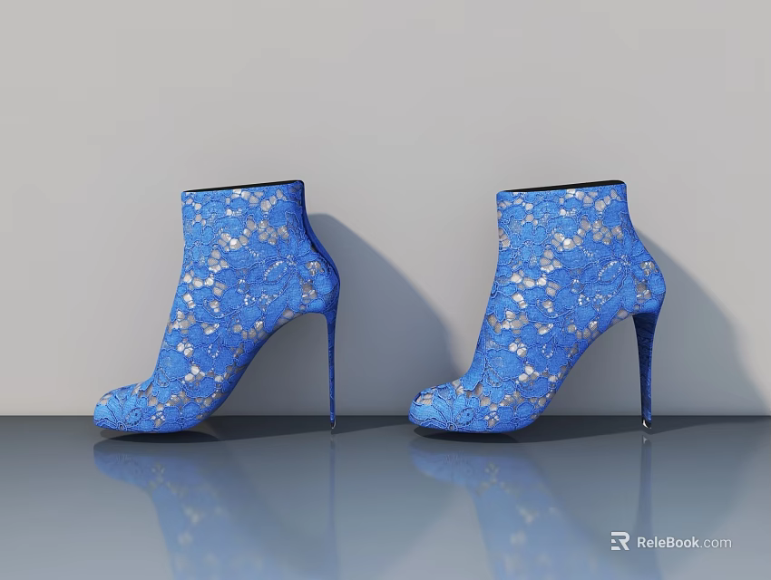 Blue High Heels With White Floral Patterns On Gray Surface Showing Reflections 3d model 