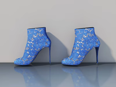 Blue High Heels With White Floral Patterns On Gray Surface Showing Reflections 3d model