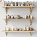 Organized Kitchen Wooden Shelves With Utensils Jars Bowls Cups Mortar And Spoon