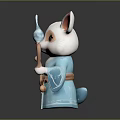 Anthropomorphic White Rabbit Fantasy Character Wearing Blue Robe With Staff Teardrop Ornament And Bell Belt