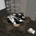 Modern Round Dining Table Set With Marble Top And Six Brown Chairs 3d model